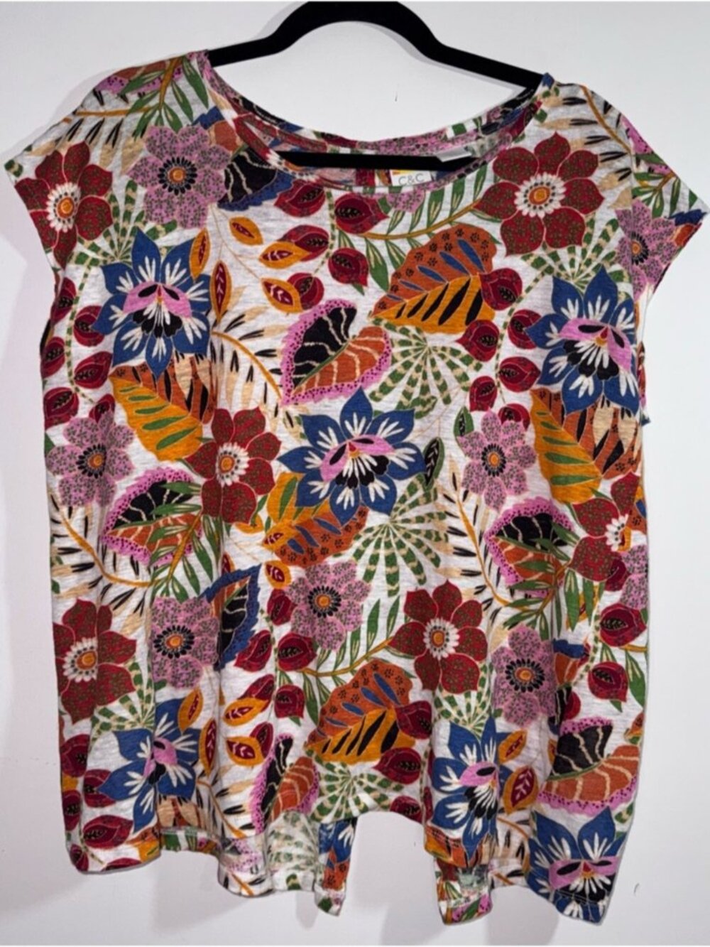Linen Floral Top Button Back Short Sleeve XL
